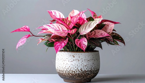 Wallpaper Mural A vibrant pink and white anthurium plant thrives in a speckled ceramic pot against a soft gray backdrop, showcasing a beautiful blend of nature and design. Torontodigital.ca