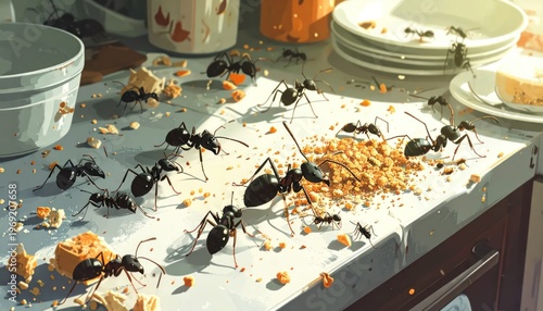 A swarm of large black ants feasting on scattered food crumbs on a kitchen counter.