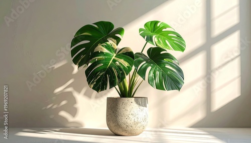 Wallpaper Mural A vibrant Monstera deliciosa plant with striking variegation sits in a speckled pot, bathed in soft sunlight streaming through a window, creating a serene and natural indoor scene. Torontodigital.ca