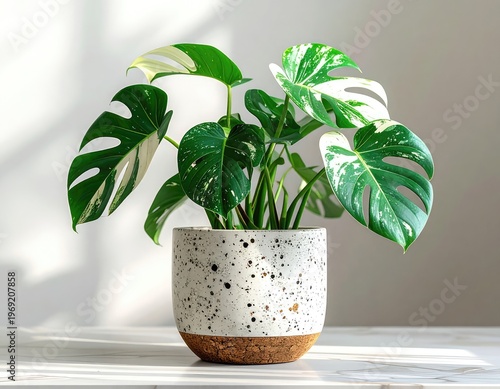 Wallpaper Mural A vibrant Monstera plant with variegated leaves is displayed in a speckled ceramic pot. Torontodigital.ca