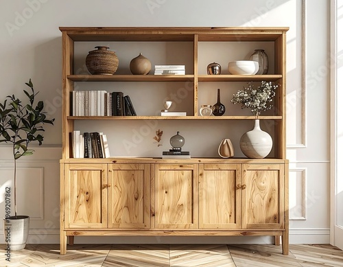 Wallpaper Mural A modern, light-filled interior showcases a large wooden bookcase and cabinet combination, styled with decorative objects and a potted plant, creating a warm and inviting atmosphere. Torontodigital.ca