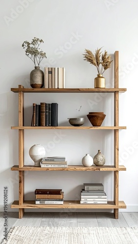 Wallpaper Mural A minimalist interior showcases a wooden bookshelf filled with books, vases, and dried floral arrangements against a clean white wall, creating a serene and stylish aesthetic. Torontodigital.ca