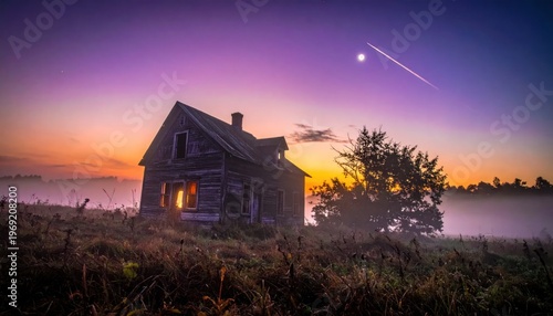 Abandoned Rustic Cabin Bathed in Ethereal Twilight Sky with a Shooting Star.
