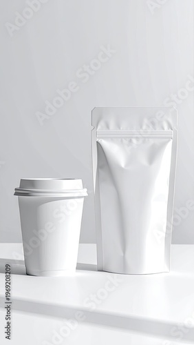 Wallpaper Mural A minimalist still life featuring a white coffee cup and a sealed white pouch, presented in a clean, monochromatic style. Torontodigital.ca