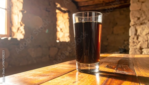A tall glass of dark beverage sits on a rustic wooden table bathed in sunlight.