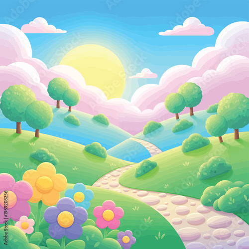 Colorful flowers on green hillside landscape.