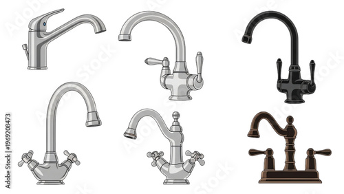 Collection of various modern and classic kitchen and bathroom faucets