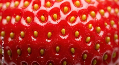 Extreme Close Up Details Of A Red Strawberry Surface Showing Yellow Seeds