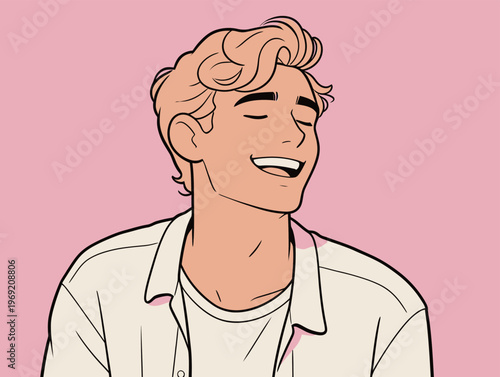 Young man smiles brightly against a pink background during an animated design session in a casual setting