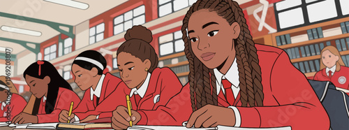 Students engage in study session at library during afternoon hours focused on learning and completing assignments with friends around