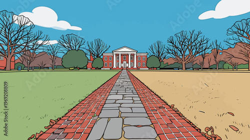 Pathway leading to a large building on a college campus in autumn with bare trees and clear blue sky