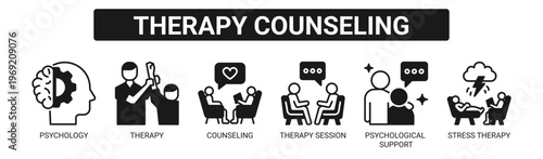 Therapy Counseling web banner icon vector illustration concept with icons of psychology, therapy, counseling, therapy session, psychological support, and stress therapy.