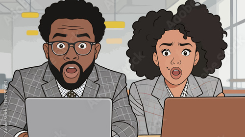 Two people sit at desks in an office with laptops and show surprise while looking at their screens during the workday