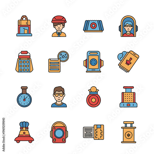 Colorful icons of various travel objects.