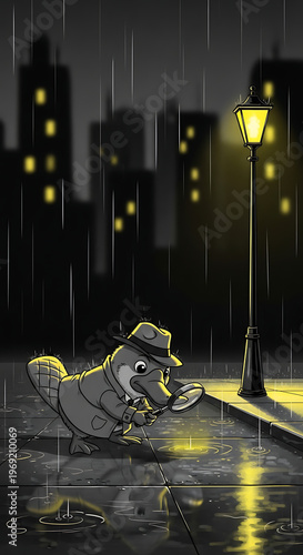 A mysterious platypus detective wearing a fedora hat investigates a dark rain soaked street searching for hidden clues under the yellow glow of a tall vintage gas lamp in a busy metropolitan city