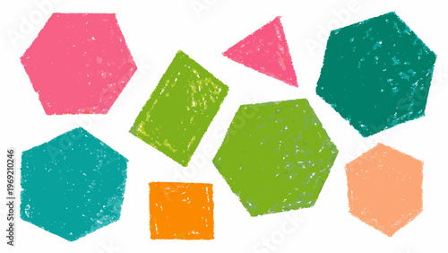 Colorful irregularly shaped geometric forms on a white background