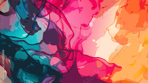 Abstract fluid art with vibrant pink teal and orange hues