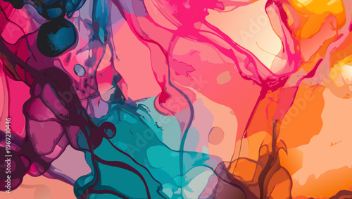Abstract fluid art with vibrant pink teal and orange hues