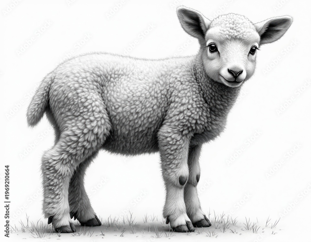Fototapeta premium Cute fluffy lamb sketch stands on grass. Baby sheep art with soft grey wool, innocent look. Adorable farm animal illustration, tender newborn style. Peaceful rural sketch.