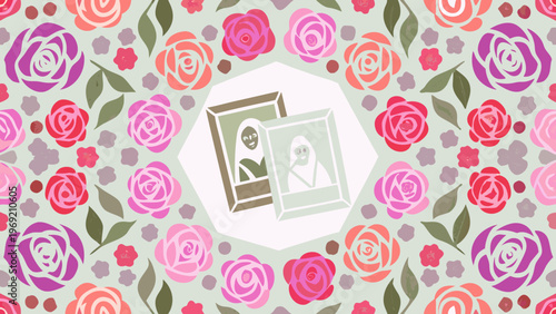 Floral background with framed portraits of women in hijabs