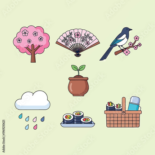 Colorful picnic basket with food items.