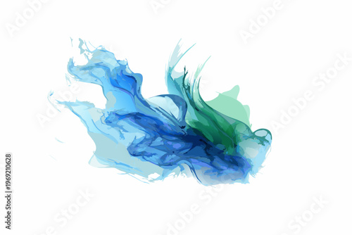 Abstract fluid art with swirling blues and greens against a white background