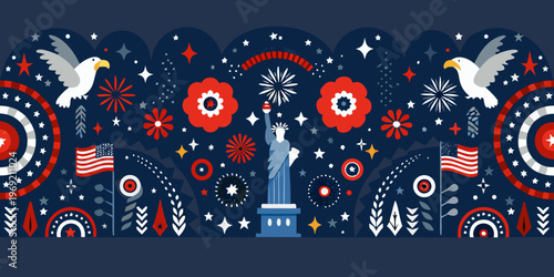 Festive illustration depicting the statue of liberty and american patriotic symbols