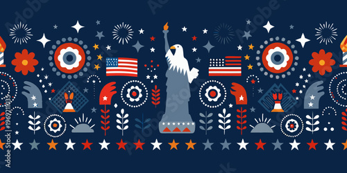 Festive illustration featuring the statue of liberty and patriotic american imagery