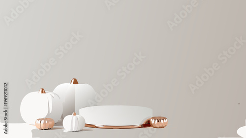 A minimalist autumn still life featuring white pumpkins and gold accents