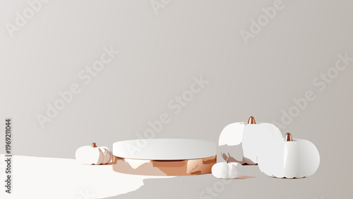 Minimalist autumn display featuring white pumpkins and a metallic platform