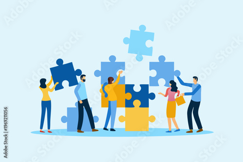 Teamwork illustration depicting diverse people connecting puzzle pieces together