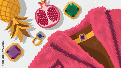 Pineapple pomegranate ring and jewels on a pink fur coat fruit design