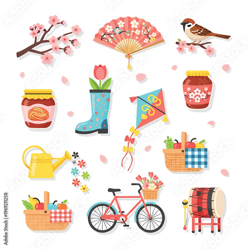 Colorful spring picnic garden items.