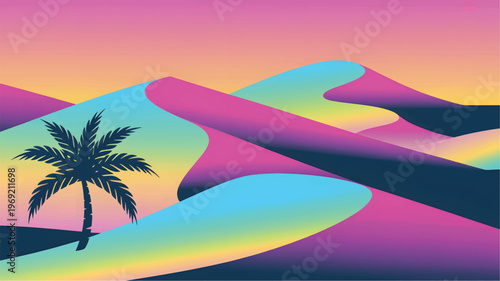 Silhouette palm tree on colorful desert dunes at sunset sand
