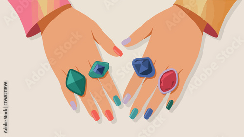 Hands wearing colorful gemstone rings and nail polish with gemstone jewels on fingers