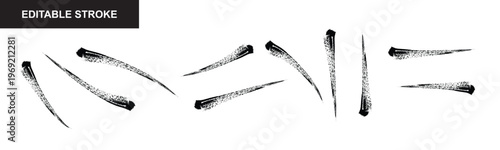 A collection of hand-drawn scratch or brush stroke elements, featuring various sizes and orientations with an editable stroke for versatile design applications.