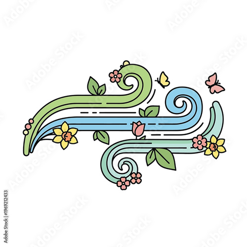 Colorful swirly floral design element graphic.