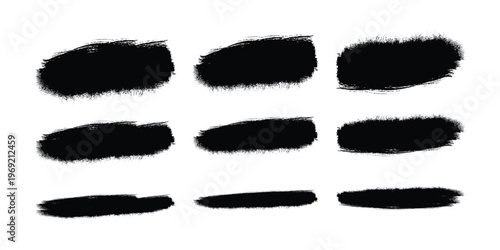 Assorted black paint brush strokes and charcoal textures for artistic backgrounds and creative graphic design elements isolated on transparent grid for versatile professional use in vector.