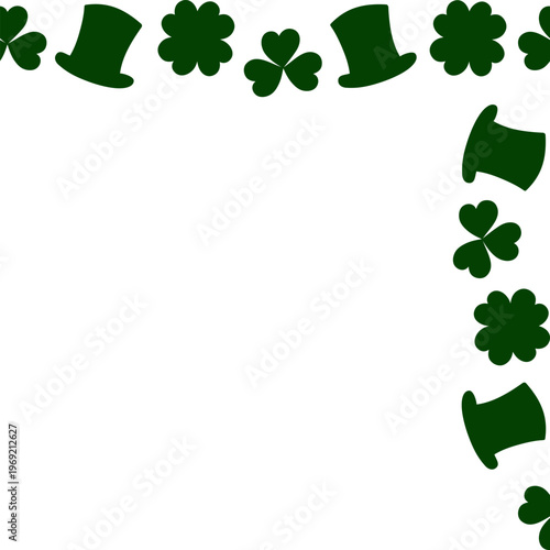Top Right side corner Frame border of hats and shamrock Minimalistic Flat design Copy space Template. Isolated Vector illustration St Patrick Day Party Invites Promo banner, leaflets, label post decor