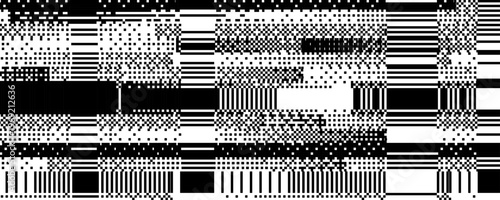 Black and white dither pattern texture. Glitch binary pixel grunge wallpaper. Vector rippled pixelated screen. Retro bitmap distressed video game backdrop. 8 bit abstract glitch distorted background