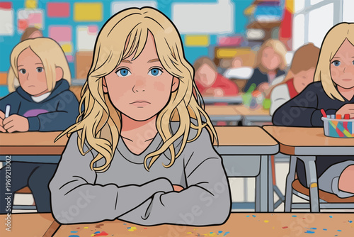 Student sits at a desk with crossed arms in a classroom while peers are focused on their work during school hours