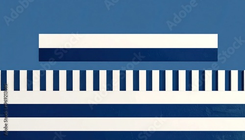 Abstract Geometric Pattern of Blue and White Stripes and Rectangles.