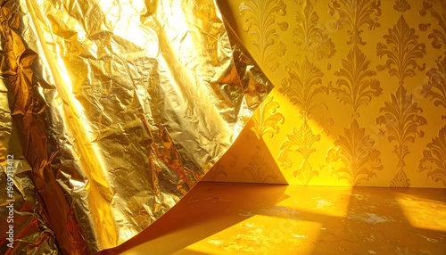 Abstract Golden Texture Background with Reflective Surface and Dramatic Lighting.