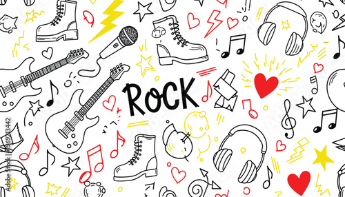 Rock music doodle background with guitars, microphone, headphones, boots, musical notes, and stars vector illustration.