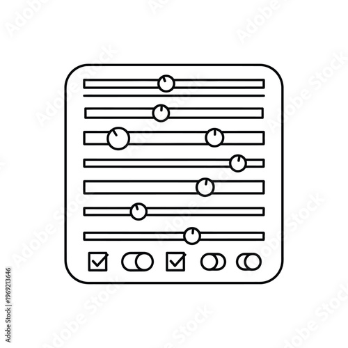 Control panel interface with sliders and toggles representing audio or video editing, sound mixing, and technical adjustments.