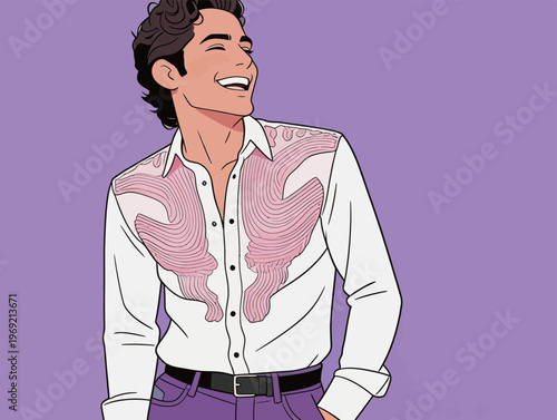 Young man smiles while wearing a stylish shirt with a unique design against a purple background in a cheerful setting