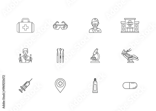 Dental care and dentistry line icons featuring medical kit safety glasses doctor building tools microscope patient chair syringe location pin toothpaste and pill capsule for healthcare web.