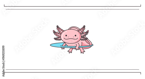A charming cartoon axolotl swimming cheerfully on a white background with decorative lines