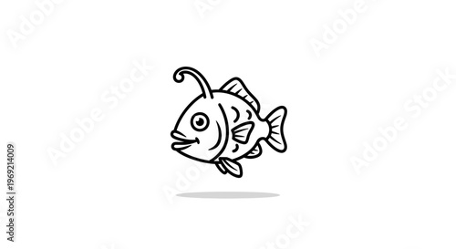 Charming line art anglerfish smiling deep sea creature nautical icon cartoon illustration