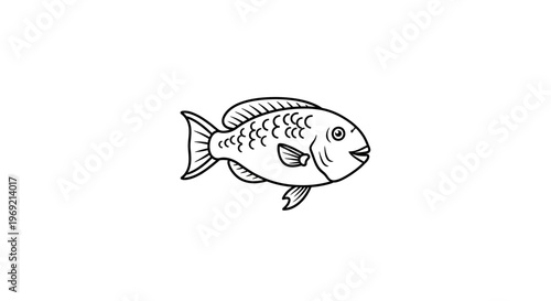 Minimalist black outline drawing of a friendly fish for aquatic projects and design elements